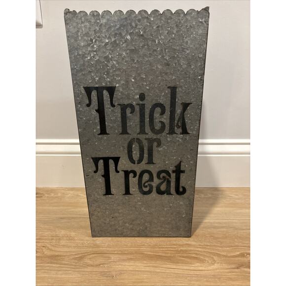 Halloween Candle Holder Galvanized Metal “Trick Or Treat” 7.5x4.75x15” - Picture 1 of 10